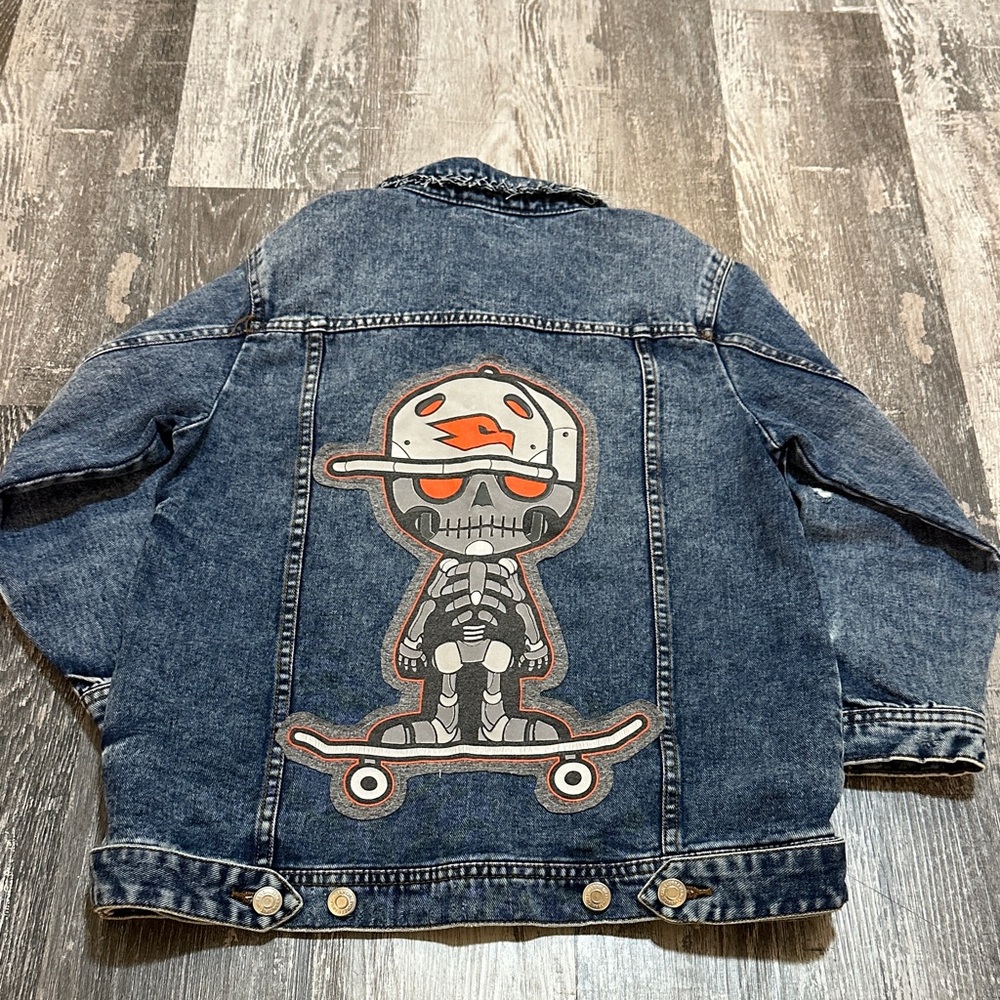 Kids Denim Jacket with Skeleton skateboarding  Design